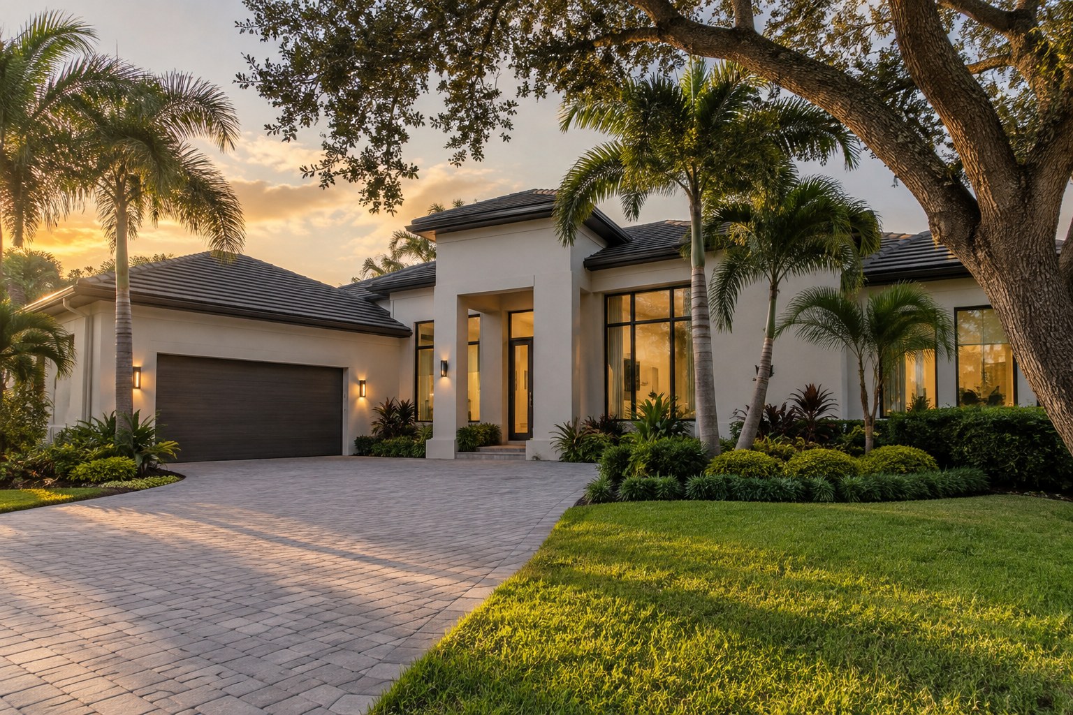 A Florida home with palms on a quiet lot in warm evening light, illustrative