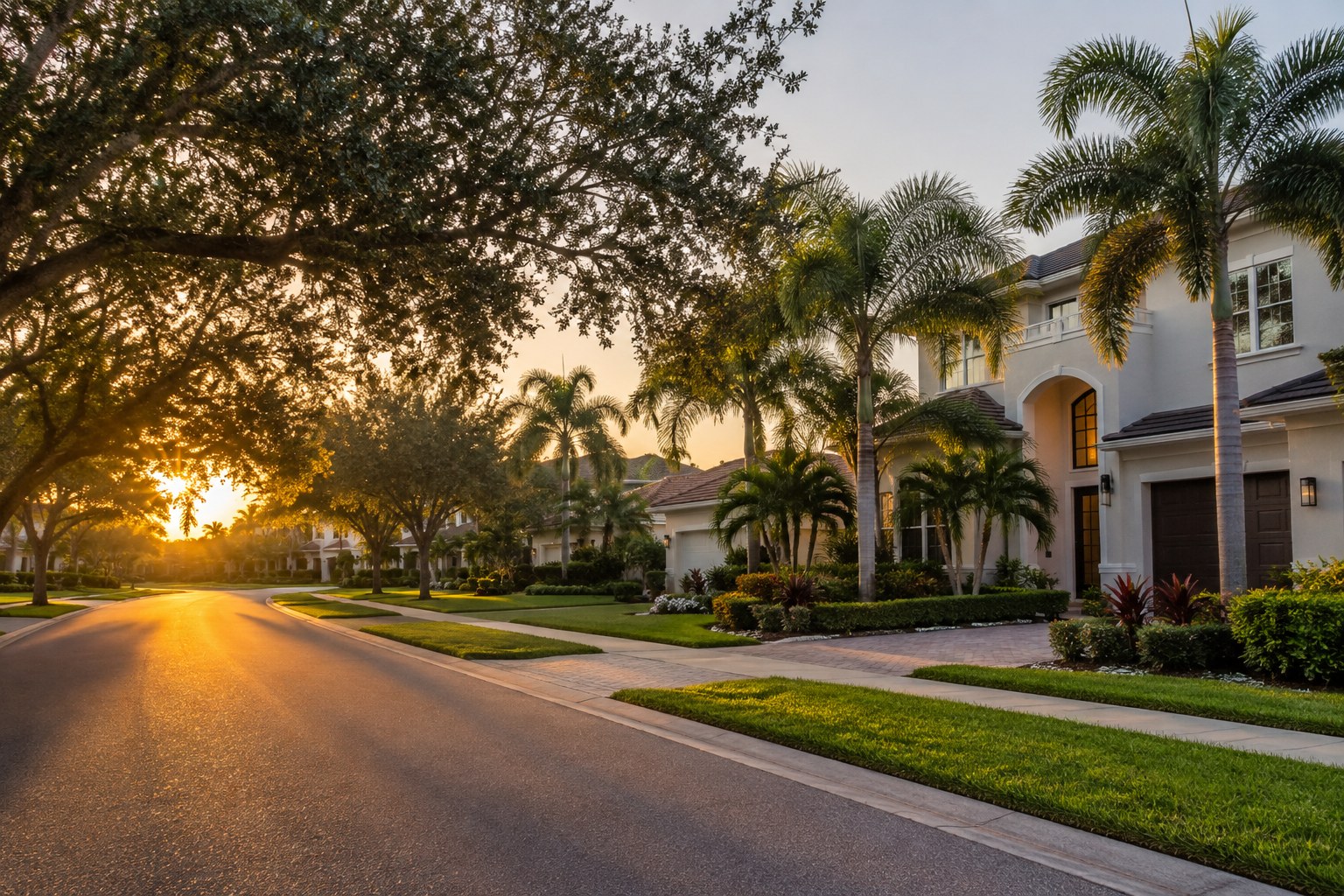 A Florida street at golden hour, illustrative